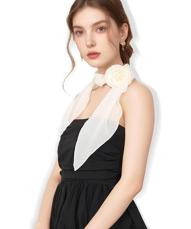 Chiffon Scarf for Women, Removable Flower Neck Scarf Light Soft Fashion Rose Scarves Versatile Headband or Hair Band