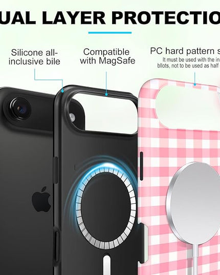 Magnetic for iPhone 17 Air Case Cute Checkered Stripes Phone Case for Women Girls, Shockproof Slim TPU and Hard PC Protective Phone Cover Compatible with MagSafe Designed, Red