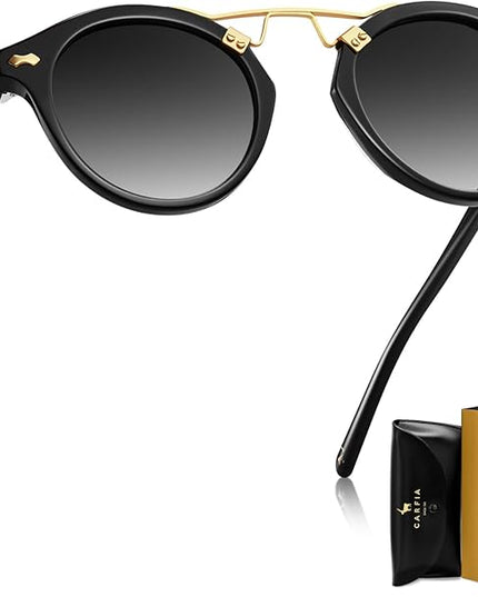 CARFIA Small Face Acetate Polarized Sunglasses for Women UV Protection, Retro Double Bridge Eyewears Metal Brow Round Sunnies