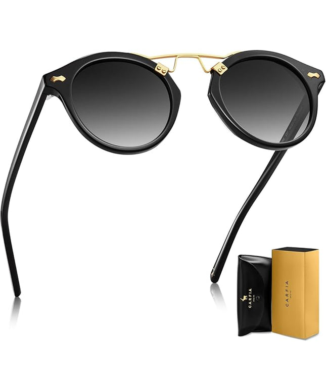 CARFIA Small Face Acetate Polarized Sunglasses for Women UV Protection, Retro Double Bridge Eyewears Metal Brow Round Sunnies