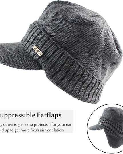 Winter Beanie w/Visor & Earflaps for Men Outdoor Fleece Hat Scarf Set