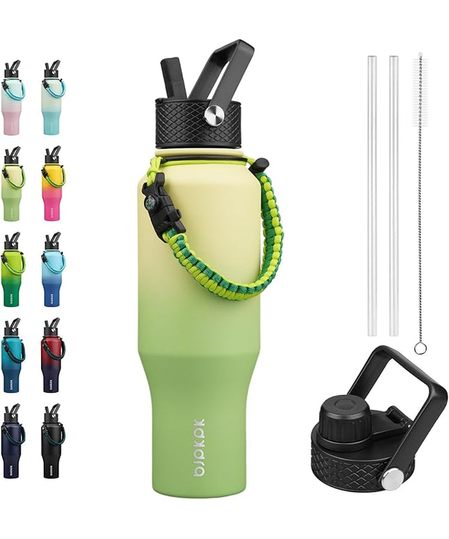 BJPKPK Insulated Water Bottles with Straw Lid, 35oz Metal Water Bottle with 2 lids & Paracord Strap, Double Wall Stainless Steel Vacuum Tumblers, Cups, Mugs, Thermo for Hot& Cold Drinks, Fresh Green