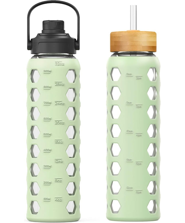 MUKOKO Glass Water Bottles,32oz Glass Tumbler with Straw,Drinking Bottles with 2 Lids-Handle Spout Lid&Bamboo Straw Lid,Motivational Water Bottle with Time Marker and Silicone Sleeve,1 Pack-Mustard