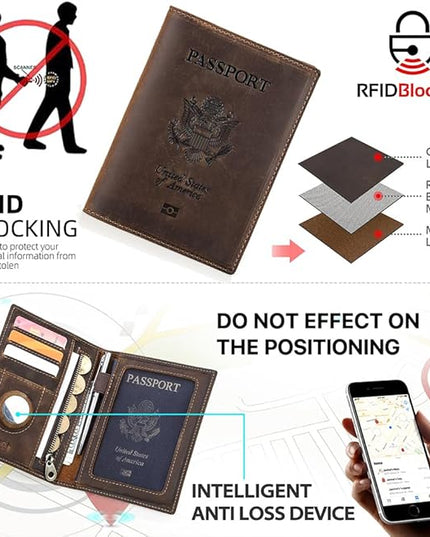 CONTACTS Full Grain Leather Airtag Passport Holder RFID Blocking Travel Passport Wallet Slim Passport Cover Case with 4 Card Slots, Coin Pocket with Badge