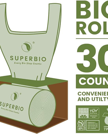 SUPERBIO 13 Gallon Handle Tie Compostable Food Waste Bags, 30 Count, 2 Pack, ASTM D6400, BPI and OK compost INDUSTRIAL, 49.2L, 0.87 Mil