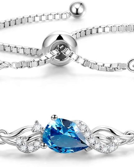FANCIME Birthstone Teardrop Tennis Bracelet for Women, Sterling Silver 9x7mm main Gemstone Bolo Adjustable Chain Bracelet Fine Jewelry Birthday Gifts for Women Mom Wife Her