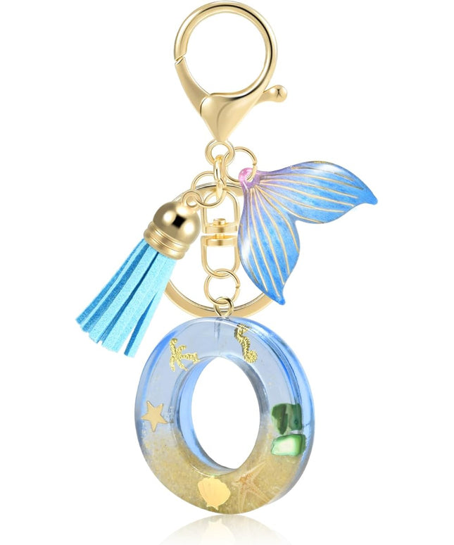 Initial letter Keychains for Women, Ocean Series Avowing Protect Earth Environment, Tassel Cute Car Keychain Initial Key Chain Keyring for Bookbag Handbag Backpack Charm Key Ring Unisex (Letter O)