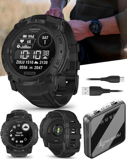 Wearable4U Garmin Instinct 3-50mm Tactical Edition, Solar Charging Display, Rugged Outdoor GPS Smartwatch, Applied Ballistics Support, LED Flashlight, Multi-Band GPS PowerBank Bundle