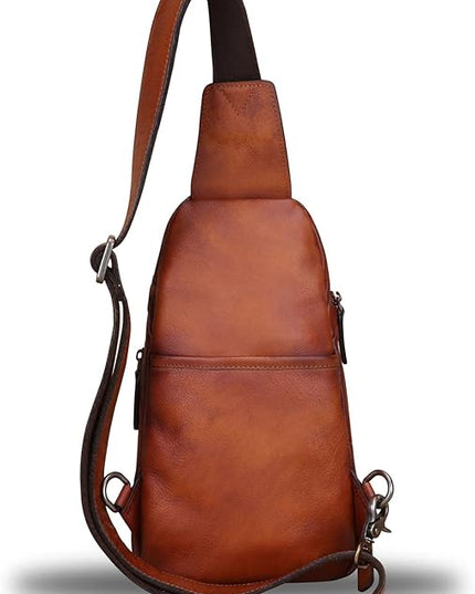 LRTO Genuine Leather Silng Bag for Women and Men Vintage Real Leather Sling Backpack Shoulder Crossbody Bag Chest Purse