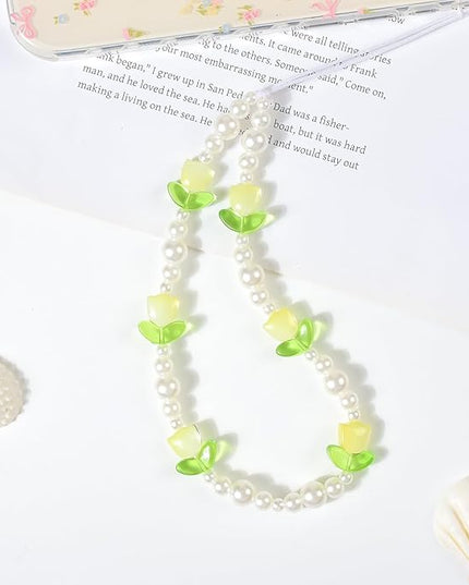 Beaded Phone Charms Cute Aesthetic Tulip Lanyard Strap Girl Wrist Chain, Phone Keychain Decoration for Wallet AirPods-Yellow