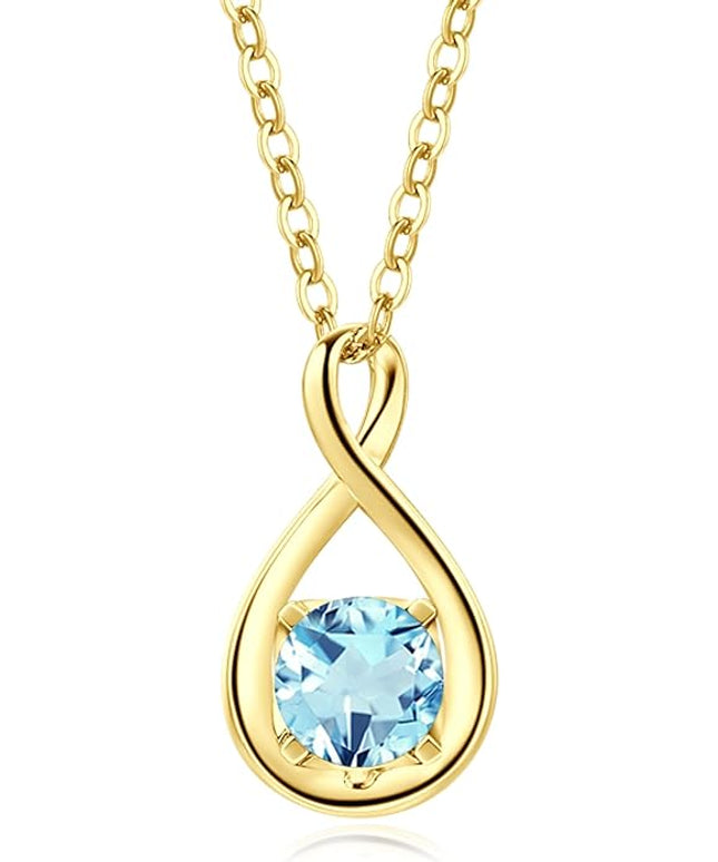 FANCIME 14K Solid Gold Birthstone Pendant with Sterling Silver Chain Infinity Gemstone Necklace Fine Jewelry Anniversary Birthday Christmas Gifts for Women Wife Her