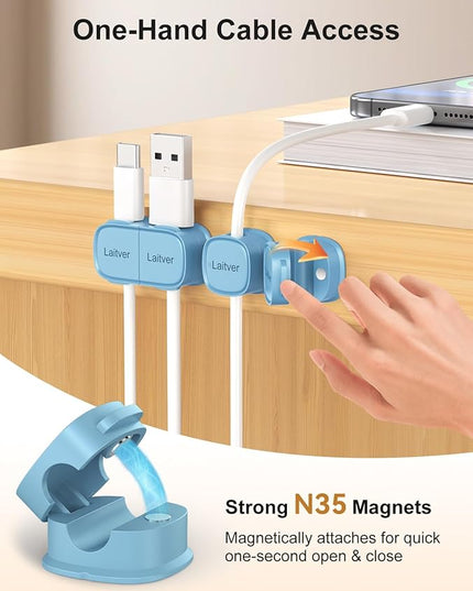 6 Pack Magnetic Cable Clips [1s Open/Lock], Laitver Cord Organizer Holder Strong Adhesive Desk Cable Management- Organize Charging Cords Neatly for Home, Office, Car,Desk, Nightstand-Peak Blue