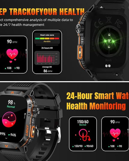 QTLLBT Military Smartwatch, Answer Make Calls LED Flashlight Barometer Compass 2.01HD IP68 Waterproof Outdoor Tactical Watch 100+ Sports Modes Sleep Heart Rate Available for Android iOS (Steel Band)