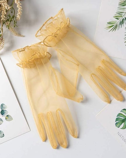 Women's Summer Tulle Gloves Pleated Ruffle Full Finger Wrist Length Opera Party Gloves