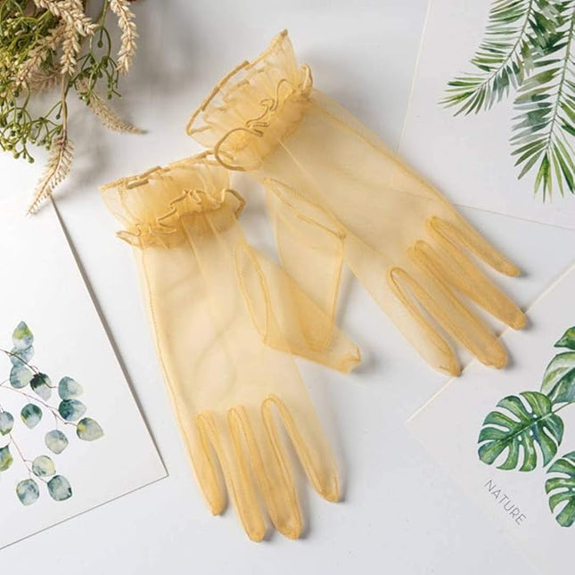 Women's Summer Tulle Gloves Pleated Ruffle Full Finger Wrist Length Opera Party Gloves