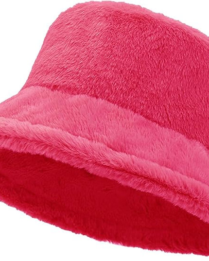 Women Plush Fluffy Bucket Hat Warm Lining Winter Faux Fur Cozy Wide Brim Winter