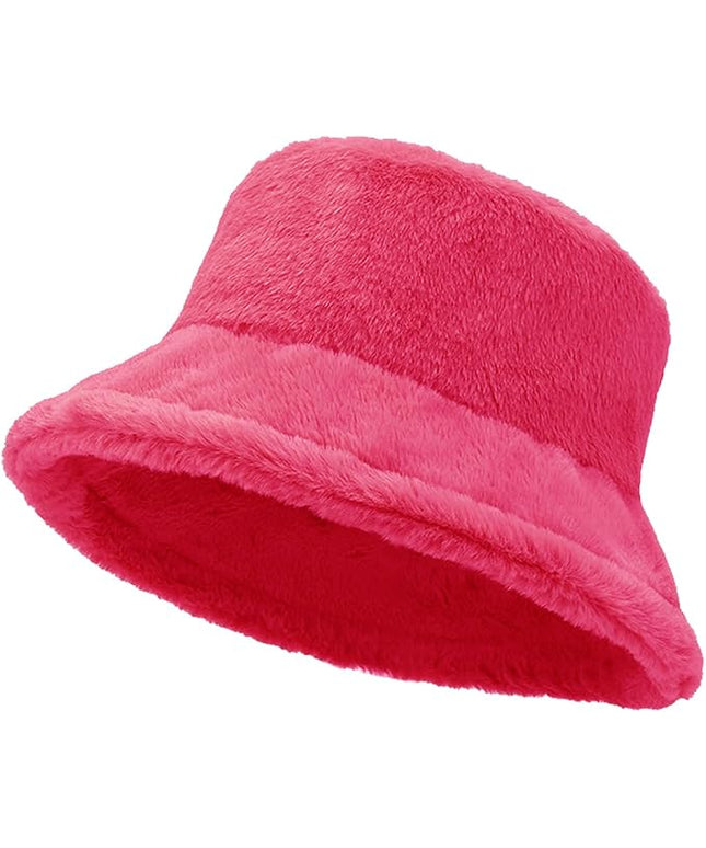 Women Plush Fluffy Bucket Hat Warm Lining Winter Faux Fur Cozy Wide Brim Winter