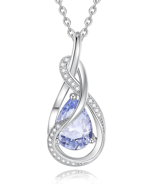 FANCIME TimelessTie Birthstone Necklace for Women White Gold Plated Sterling Silver Ribbon Design Jewelry Knot Pendant Fine Jewelry Gemstone Birthday Graduation Anniversary Christmas Gifts for Women Wife Mother Her