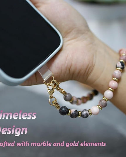 Marble Beaded Phone Wrist Strap,Detachable Phone Bracelet Strap with Tether Tab,Hands-Free Wristlet Strap (Pink Zebra)