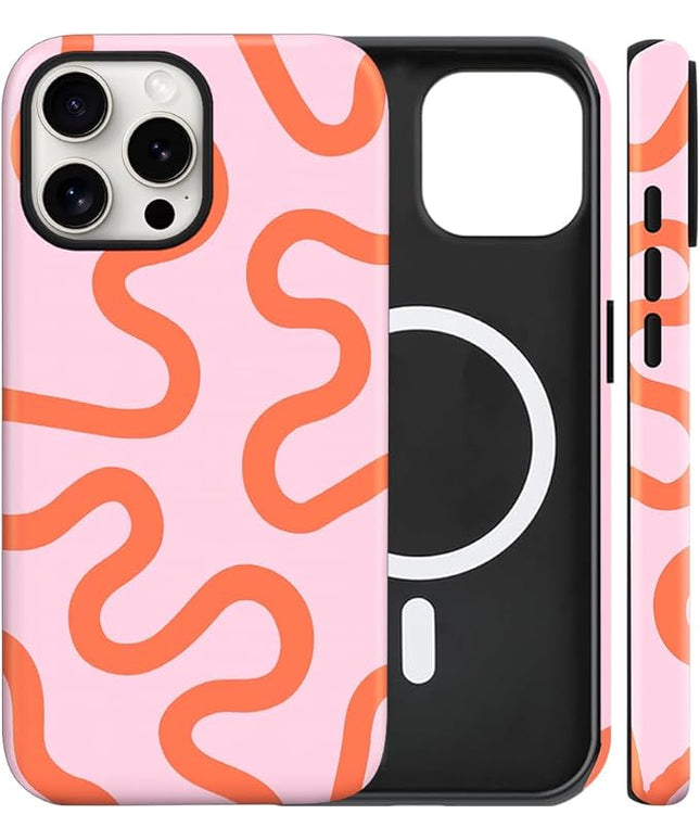 Magnetic for iPhone 15 Pro Max Case Cute Curved Stripes Phone Case, Shockproof Slim TPU and Hard PC Protective Phone Cover Compatible with MagSafe Designed for Women Girls,Pink