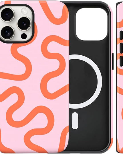 Magnetic for iPhone 16 Pro Case Cute Curved Stripes Phone Case, Shockproof Slim TPU and Hard PC Protective Phone Cover Compatible with MagSafe Designed for Women Girls,Pink