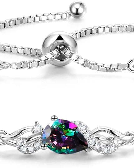 FANCIME Birthstone Teardrop Tennis Bracelet for Women, Sterling Silver 9x7mm main Gemstone Bolo Adjustable Chain Bracelet Fine Jewelry Birthday Gifts for Women Mom Wife Her
