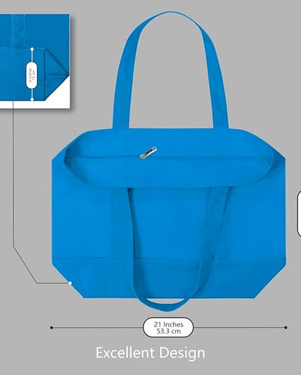 TOPDesign 6-Pack Canvas Tote Bags with an External Pocket, Reusable Grocery Shopping Bags, Top Zipper Closure, Daily Essentials (Ocean Blue)