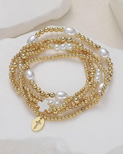 Gold Beaded Bracelets for Women, 14K Real Gold Plated Jewelry for Women Dainty Pearl Bead Bracelets Stack, Non Tarnish Trendy Stackable Ball Cross Stretch Bracelet Set Fashion Accessories Gifts