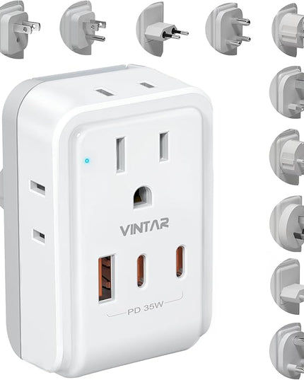 Universal Travel Adapter Kit, VINTAR PD 35W International Power Adapter with 4 AC and 3 USB Ports(2 USB-C), Type A,B,C,D,E/F,G,H,I,L,M Detachable Attachments, Travel Adapter Worldwide for EU/UK/Africa