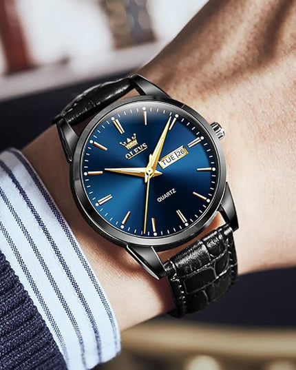 OLEVS Watches for Men Brown Leather Gold Case Analog Quartz Fashion Business Dress Watch Day Date Luminous Waterproof Casual Male Wrist Watches