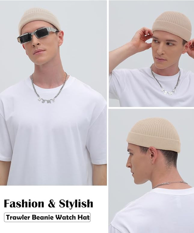 ROYBENS Thin Swag Wool Short Fisherman Beanie for Men Women, Knit Cuff Trawler Beanie Watch Hat, Soft Spring Fall Skull Cap