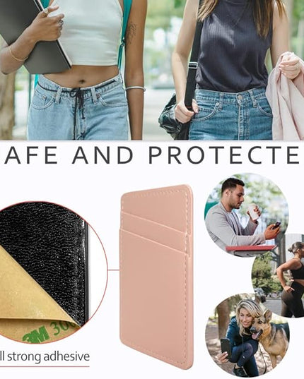 Phone Wallet, Leather Phone Card Holder Adhesive Stick On Credit Card Pocket for Back of Phone Case for iPhone and Android-White, Pink