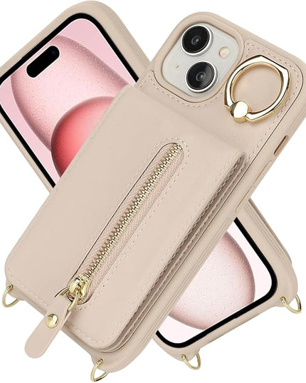 for iPhone 15 Wallet Case with Card Holder, for iPhone 15 Case Wallet with Strap Credit Card Slot, Crossbody Bag with Zipper Case for iPhone15 - Warm White