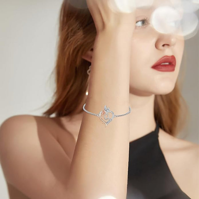 TOUPOP Gifts for Women Rose Heart Initial Bracelet 925 Sterling Silver Butterfly Letter Link Bracelet Love Jewelry Valentines Day Birthday Gifts for Her Wife Girlfriend Mom