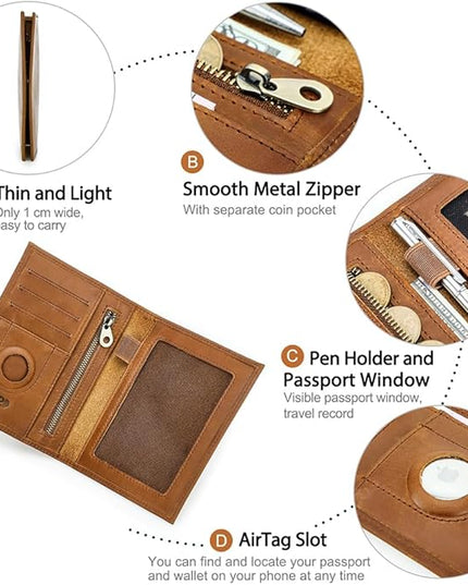 CONTACTS Full Grain Leather Passport Holder RFID Blocking Travel Passport Wallet Compatible with Airtag for Men and Women Passport Cover Case with 4 Cards Slots, Coin Pocket (Badge, Camel Brown)