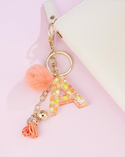 Resin Alphabet Initial Letter Keychain Keyring for Women Purse Handbags With Fur Ball Pom