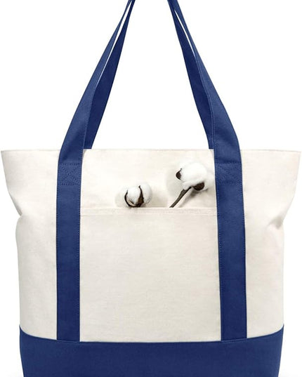 TOPDesign 30-Pack Canvas Tote Bags with an External Pocket, Reusable Grocery Shopping Bags, Top Zipper Closure, Daily Essentials (Blue/Natural)