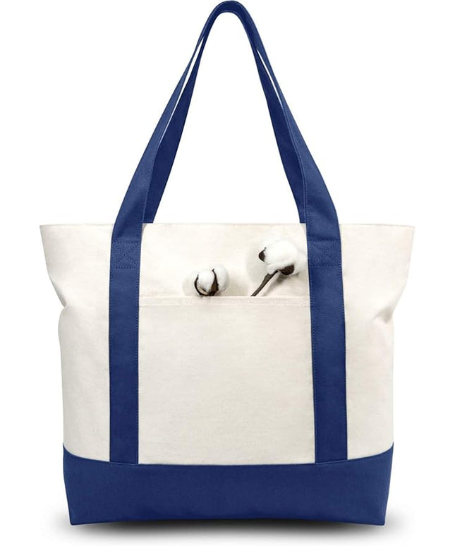 TOPDesign 30-Pack Canvas Tote Bags with an External Pocket, Reusable Grocery Shopping Bags, Top Zipper Closure, Daily Essentials (Blue/Natural)
