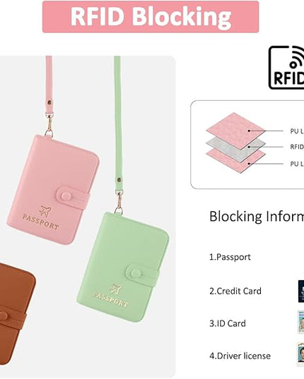 Passport Holder RFID Protected Wallet and Luggage Tag with Protection Cover Travel Accessories Leather Card Case Organizer for Women Men (Pink)