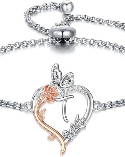 TOUPOP Gifts for Women Rose Heart Initial Bracelet 925 Sterling Silver Butterfly Letter Link Bracelet Love Jewelry Valentines Day Birthday Gifts for Her Wife Girlfriend Mom