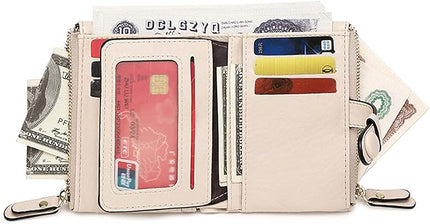 AOXONEL Women's Wallets Leather Wallets for Women Rfid Small Ladies Wallet Billfolds for Women,Trifold Mini Wallets for Women with Double Zipper Coin Pocket (Beige)