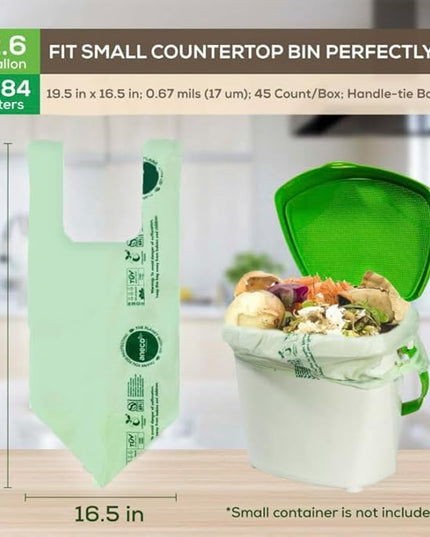 ANECO 100% Compostable Food Waste Bags 2.6 Gallon With Handles, Small Compost Bags for Countertop Bin, OK Compost HOME & BPI Certified Compostable Kitchen Food Waste Bag (45 Count)