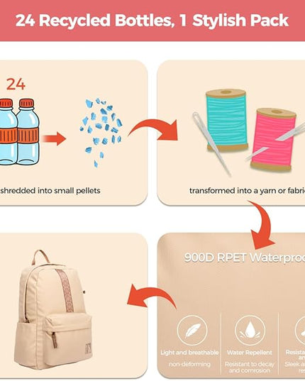 INUK Geometric Stripe Laptop Backpack, 13 Inch Water Resistant Backpack for College & Work, Recycled Travel Daypack Made from 24 Plastic Bottles, with Hidden Pocket & Luggage Strap, Latte