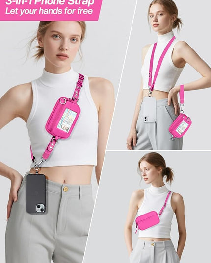 Clip and Go Strap for Phone with Wallet Crossbody Phone Lanyard Adjustable and Detachable RFID Wristlet Wallet with ID Window and Zipper, Hot Pink