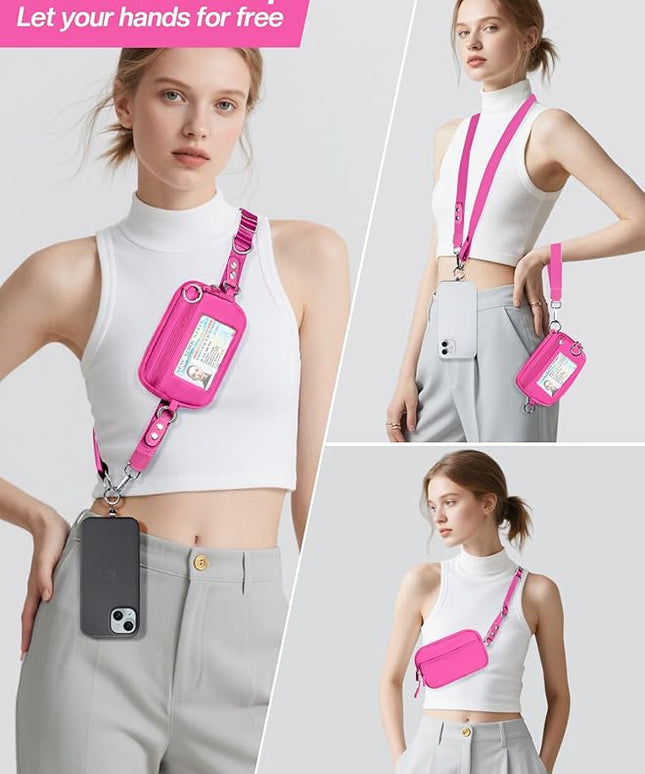 Clip and Go Strap for Phone with Wallet Crossbody Phone Lanyard Adjustable and Detachable RFID Wristlet Wallet with ID Window and Zipper, Hot Pink