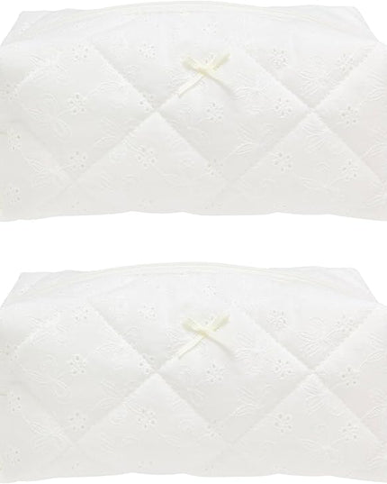PAZIMIIK 2PCS Cozy Makeup Bag Travel Cosmetic Bag for Women Soft Toiletry Bag Aesthetic Makeup Organizer Portable Large Zipper Pouch for Skincare Beauty Accessories Brushes Embroidery White