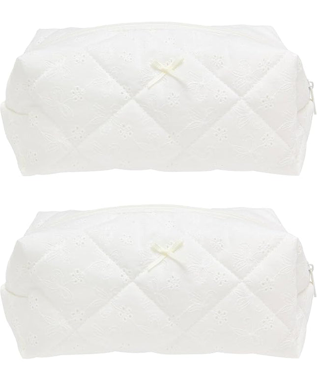 PAZIMIIK 2PCS Cozy Makeup Bag Travel Cosmetic Bag for Women Soft Toiletry Bag Aesthetic Makeup Organizer Portable Large Zipper Pouch for Skincare Beauty Accessories Brushes Embroidery White