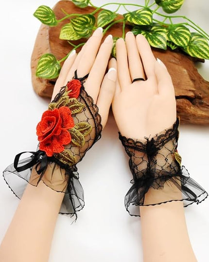 Specell Embroidered Flowers Lace Fingerless Gloves - for Bridal Wedding Cocktail Tea Party Evening Prom Costumes Cosplay