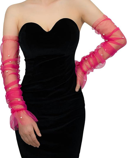 Women's Long Bridal Wedding Tulle Glove Mesh Fingerless Gloves Pearl 1920 Opera Tea Party Sheer Gloves