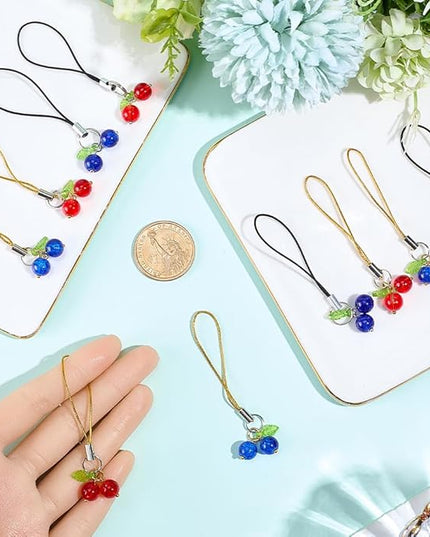 CRASPIRE 40Pcs Glass Cherry Cell Phone Charm Red Blue Fruit Ornaments Acrylic Mobile Straps Keychain Car Key Hanging Wallet Pendants Decor Accessories Gift Women Decoration